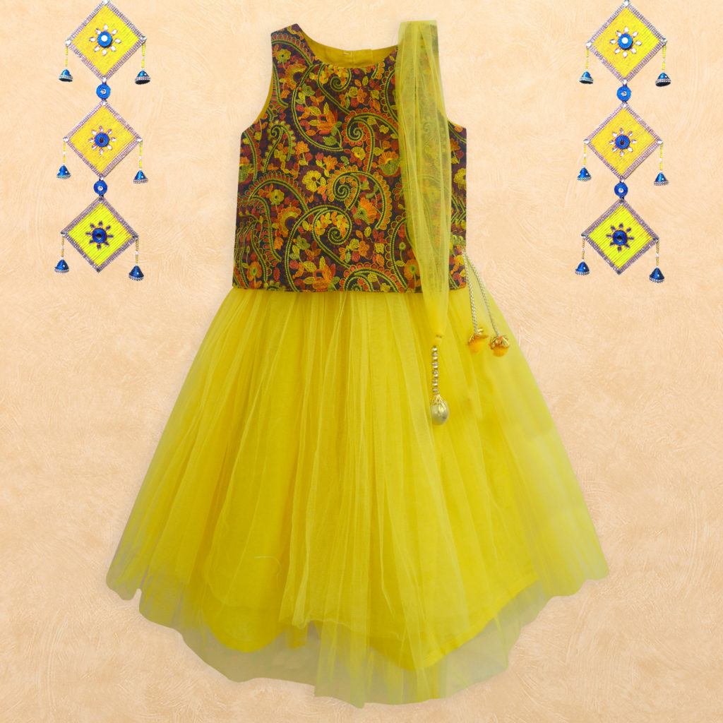 Amber Paisley Embroidered Yellow Three Piece Tutu Lehenga Set - A.T.U.N.